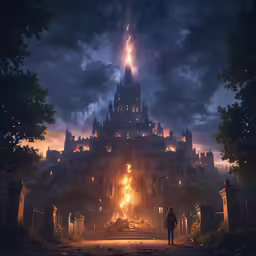 a man standing outside a large castle on top of a hill