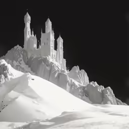 a snow - covered mountain with castle in the sky and mountains behind it
