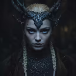 a female with white hair and horns with long braids