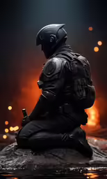 a person sitting on top of a rock with a helmet