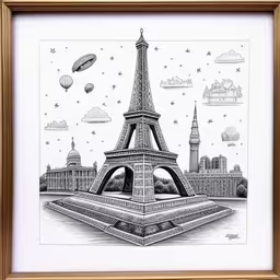 this is an art print that depicts the eiffel tower,a painting with a drawing of the eiffel tower and buildings on it