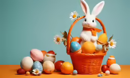 the bunny has just gotten out of the basket