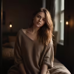 the woman is posing by the window in the dark