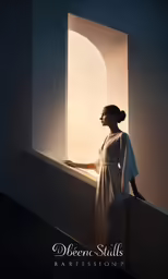 a woman stands in front of an arch at the window