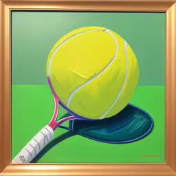 a painting of a tennis ball and a tennis racket,a painting of a tennis ball and racket on a green surface