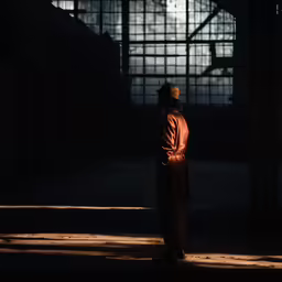 a man standing in the shadow of an iron factory