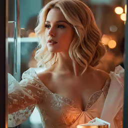 a woman standing in front of a window