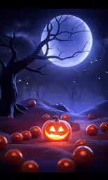 a pumpkin is lit up in the night while surrounded by orange balls