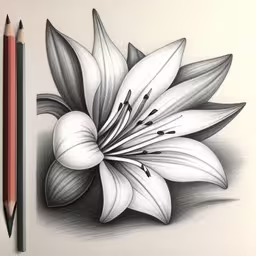 pencils with a flower drawing next to it,pencil drawing of a lil pad next to a pencil eraser