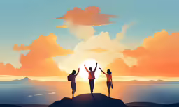 two people standing in front of a sunset with hands up