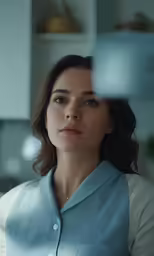 a woman in a blue shirt looking back over her shoulder