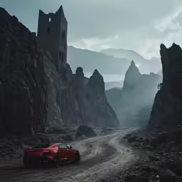 a red car driving down a road next to mountains