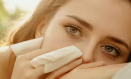 the eyes of a woman sneezing into a napkin