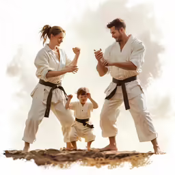 a woman and a man standing on top of a hill while doing karate