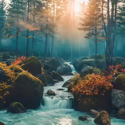 a waterfall near a forested river surrounded by green trees