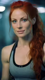 the woman with long hair is posing for a photo,a very attractive redhead woman with long red hair