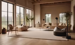 a living room filled with furniture and large windows