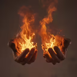 a pair of hands holding out flames in front of a dark background