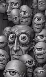 a series of head faces surrounded by many smaller heads