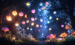 an animation night scene featuring colorful lanterns and flowers