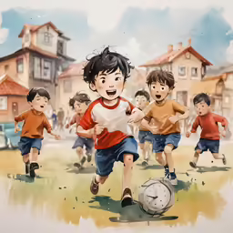 there is a painting of some children playing soccer together