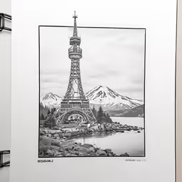 a drawing of a tower is hung up next to some black iron railings