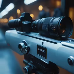 camera on a counter top near blurry lights