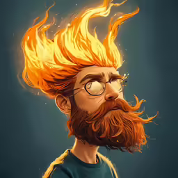 a painting of a hipster with glasses and a fire - colored wig
