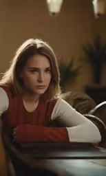 a beautiful woman sitting at a wooden dining table