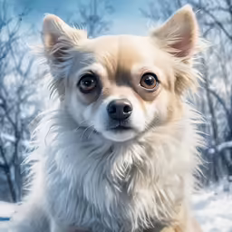 there is a small dog that is laying down in the snow