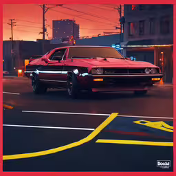 a car is driving down the street at night,a car driving on the road during sunset