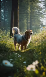 a dog standing in a field of grass and trees