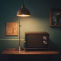 an old radio sits on a wooden desk with a lamp