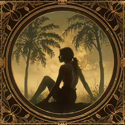 a woman sits in a circle under palm trees