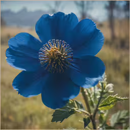 a big blue flower growing near a field,large blue flower in an open field with grass