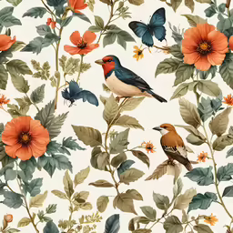 birds sitting on a branch with orange flowers and green leaves
