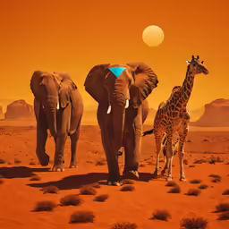 three elephants standing next to two giraffes on a desert