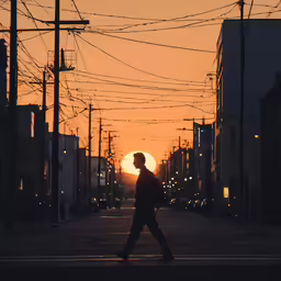 a silhouette of a person on the street with wires above them