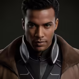a man with ear buds and a black jacket is shown