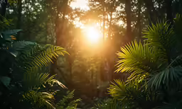 the sun shining through the trees in the forest