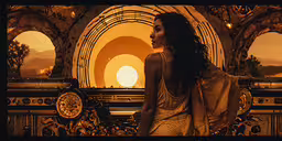 a woman wearing a flowing dress stands in front of a painting,a woman is standing by a golden wall
