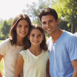 two young people with their arms around them, a woman in a white shirt and a man standing behind them