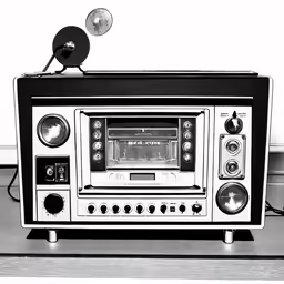 an old radio set is connected to a record player