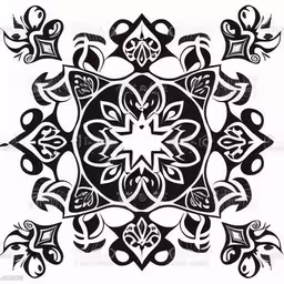 an ornate black and white pattern on a white background,an artistic black and white floral motif,a stylized and ornate design in black,black and white decorative circular pattern with stars,a black and white design with stylized ornaments royalty