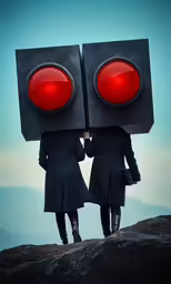 two people in black with red lights on the back