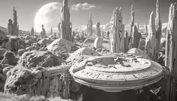 an alien like town with cactus trees, and bushes