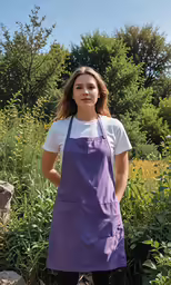 a girl wearing a purple apron is posing for the camera