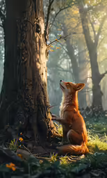 the fox is sitting by the tree looking at the leaves