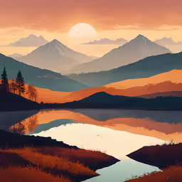 a painting of mountains and water near trees,a painting of mountains and a lake