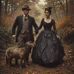 a couple wearing victorian costumes walk together down a path while holding hands